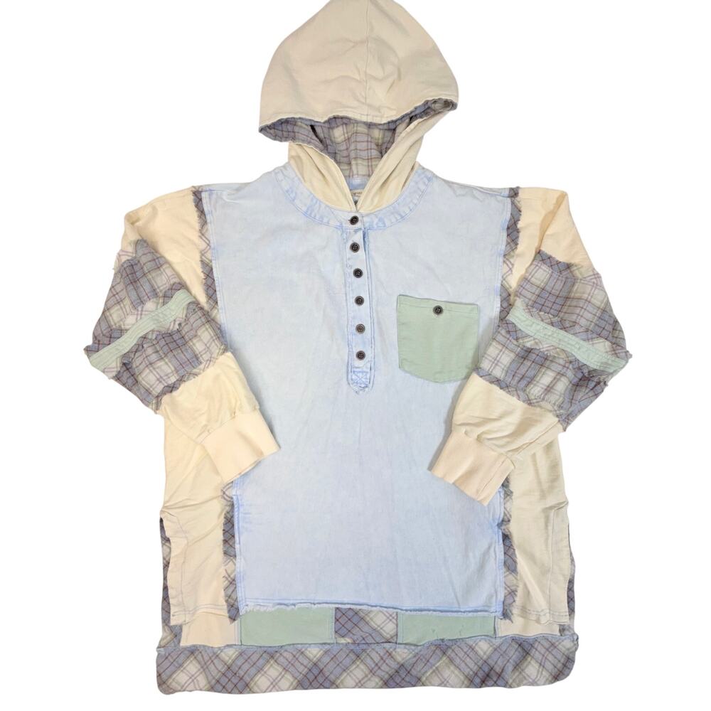 Blue Velvet Patchwork Hoodie Women M/L Pastel Plaid Raw Hem Boho Cottagecore